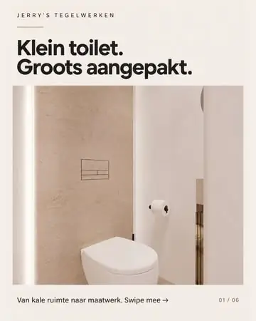 Grootformaat Dekton met beige toiletachterwand en geïntegreerde drukknop bij Jerry's Tegelwerken in Amersfoort