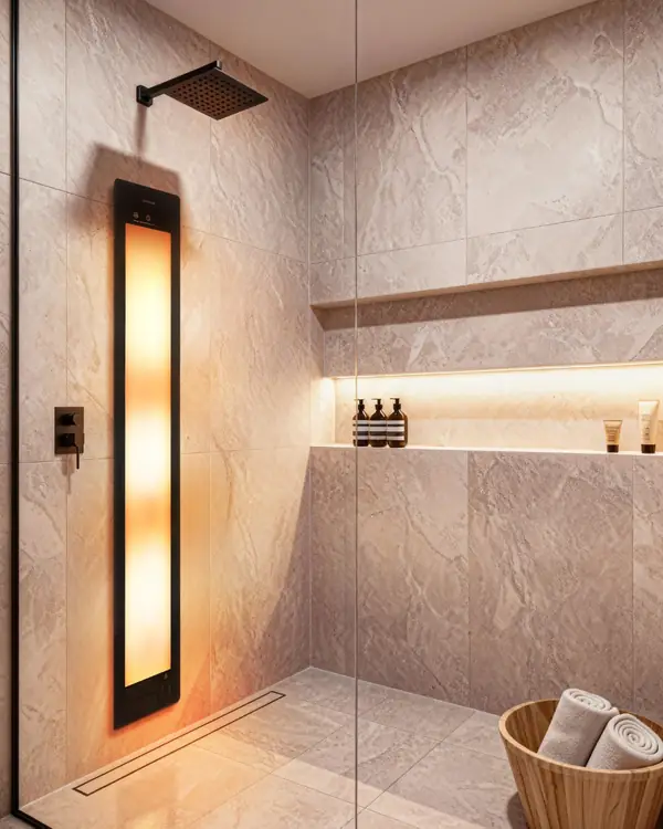 Sunshower met zwart wandpaneel en beige douchetegels bij Zoon Tegels & Badkamers in Heemskerk