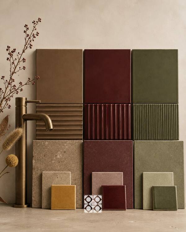 Moodboard met zandkleurige, bruine, bordeauxrode en groene tegels, ribbeldecoren en een bronskleurige kraan.