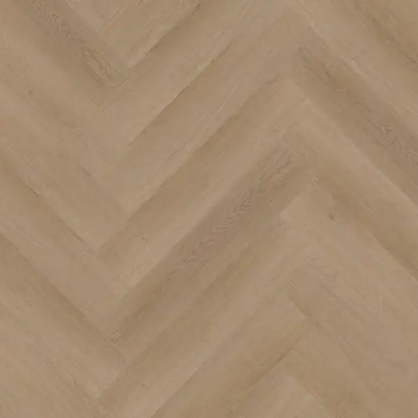 Lichte houtlook PVC-vloer in visgraatpatroon met subtiele nerftekeningen en warme beige tinten.