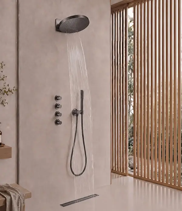 Pluuto hoofddouche met donkere afwerking, beige douchewand en bijpassende handdouche bij Wiesbaden