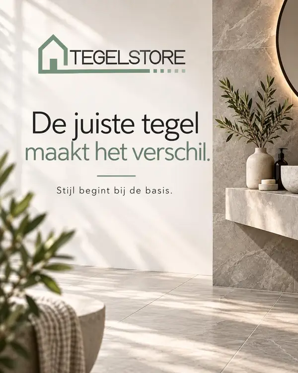 Beige badkamertegels met lichte aders op wand en vloer bij een wastafelopstelling bij TegelStore.nl in Roosendaal