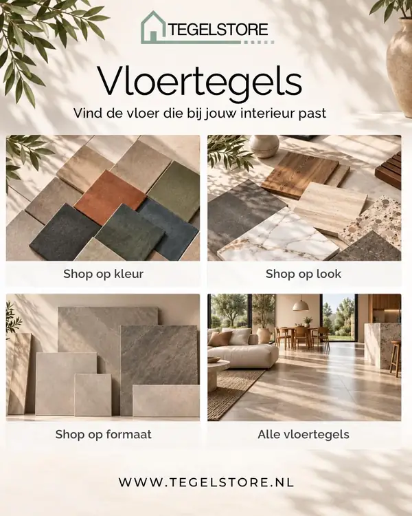 Vloertegels in diverse kleuren, looks en formaten, met een woonkamervoorbeeld bij TegelStore.nl in Roosendaal