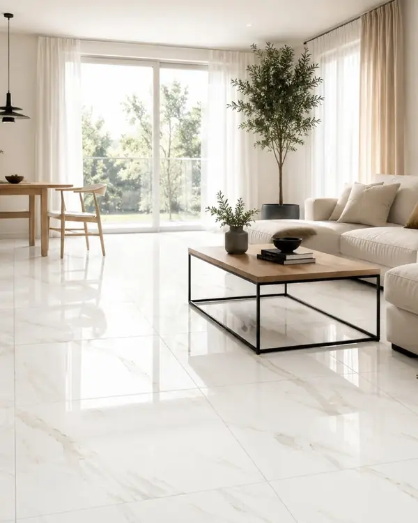 Luxe woonkamer met Carrara Vitro Goud tegels